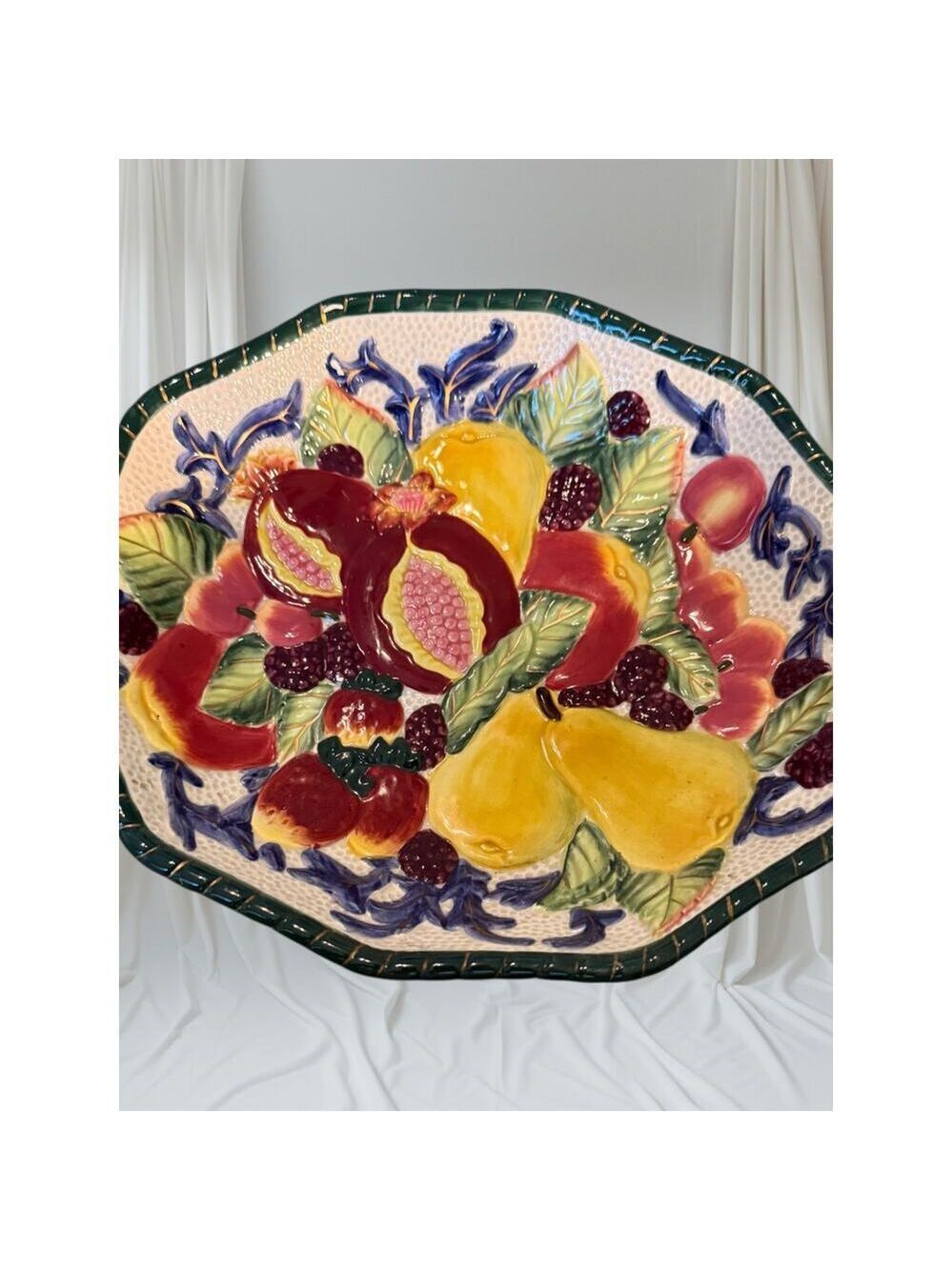 Fitz and Floyd Ceramic Fruit Harvest Platter Hand-Painted Embossed Serving Tray
